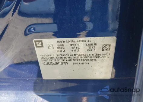 2013 Chevrolet Sonic Lt из США, поврежденный, VIN 1G1JC6SH0D4169783